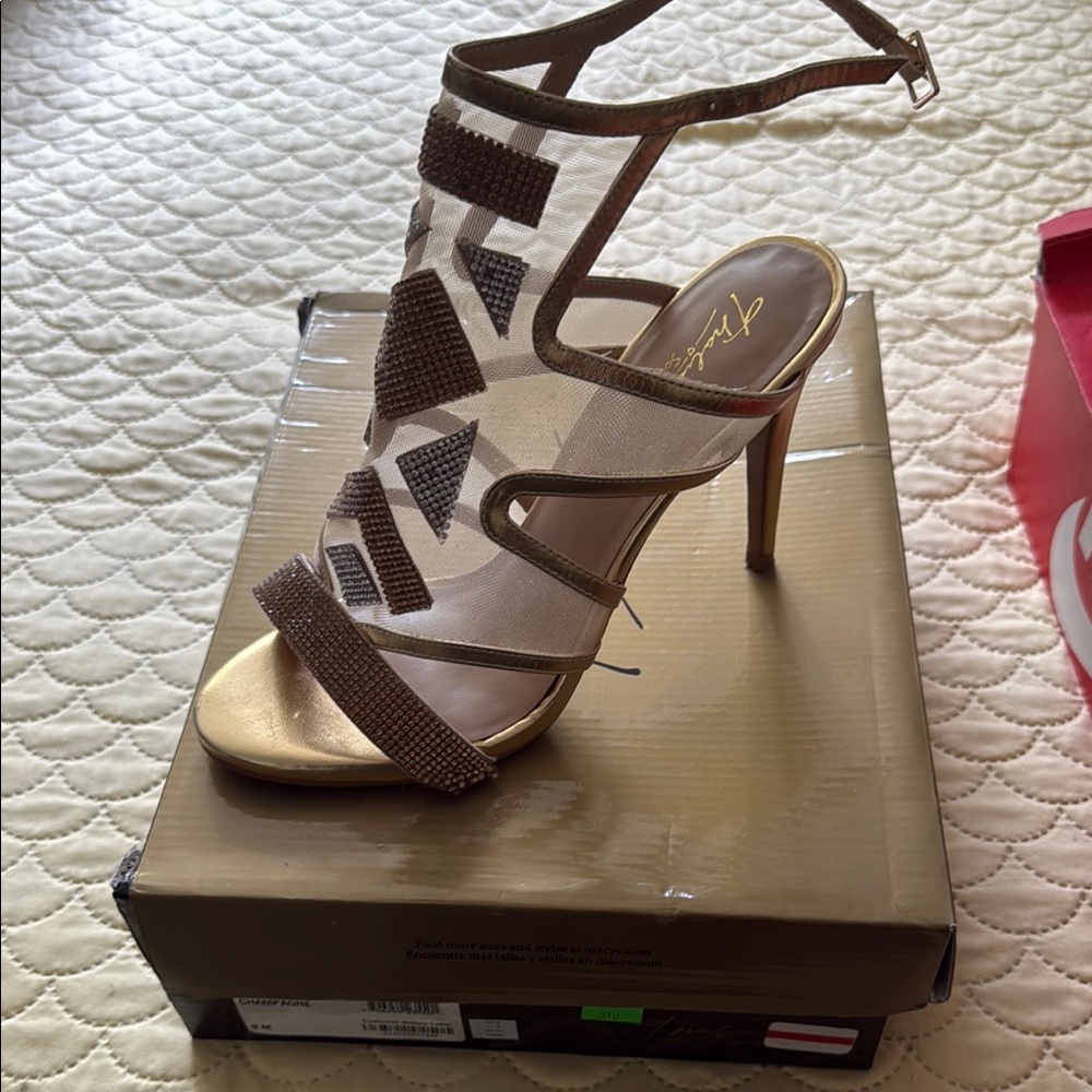 Gold and Brown Stiletto Heels with Intricate Straps